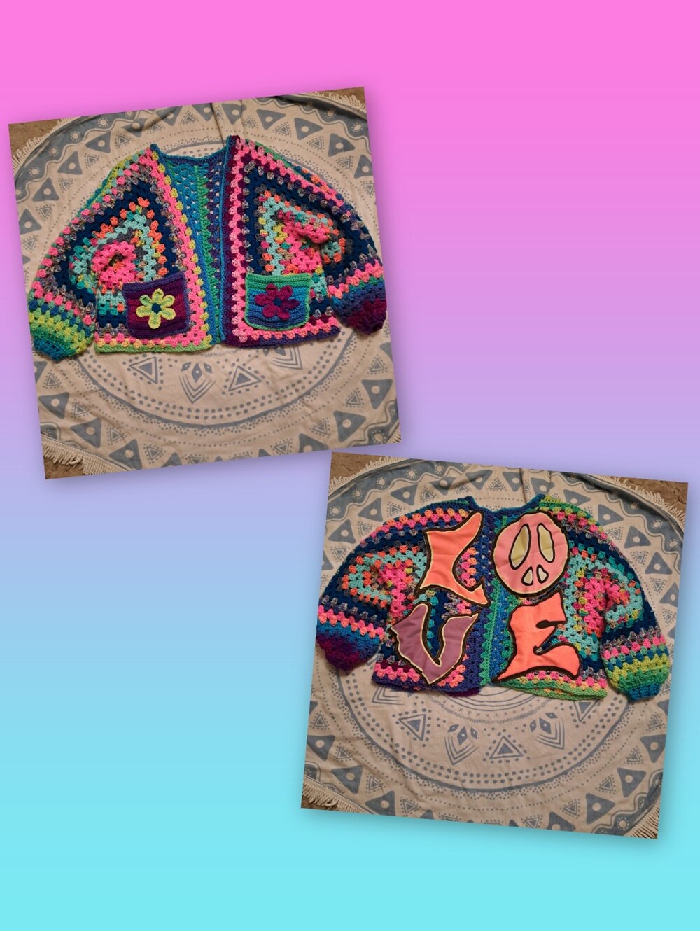 OOAK Crochet Hexagon Cardigan With Upcycled Blacklight Poster Love